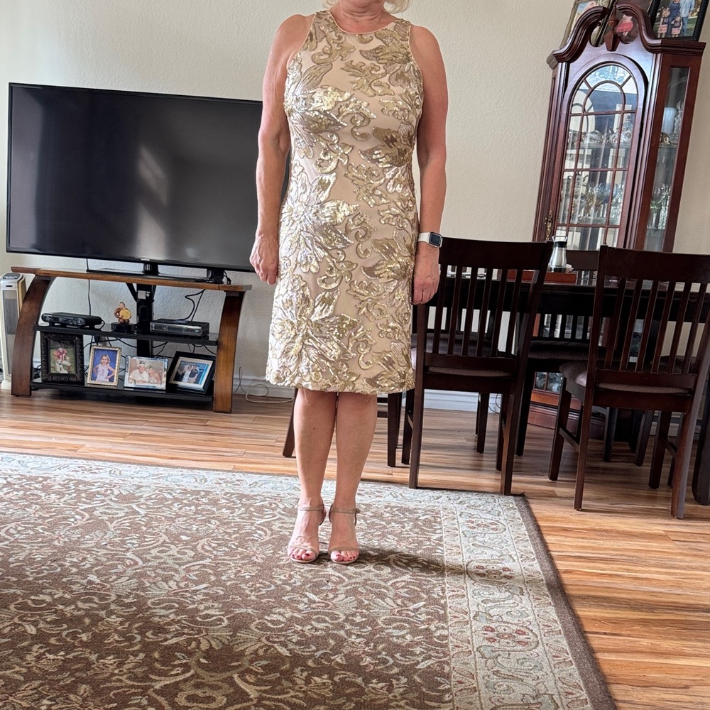 Badgley Mischka Cream and Gold Midi Dress